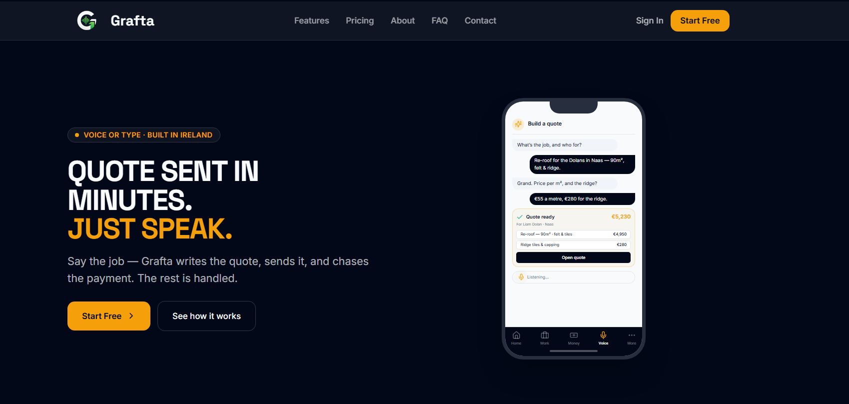 Grafta homepage — quote sent in minutes, just speak